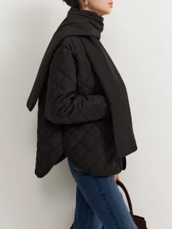 Plain Quilted Button Winter Coat With Scarf