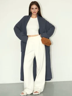 Plain Ribbed Pockets Long Cardigan