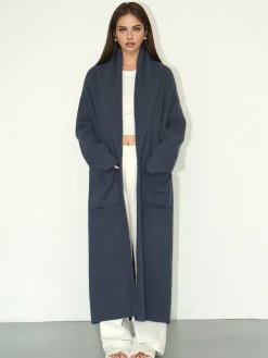 Plain Ribbed Pockets Long Cardigan