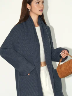 Plain Ribbed Pockets Long Cardigan