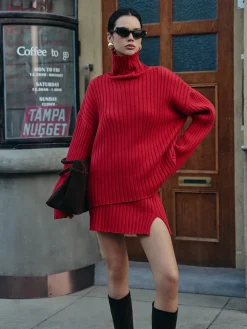Plain Ribbed Split Sweater Skirt Set