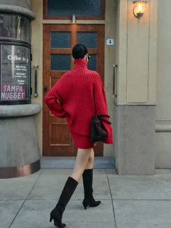 Plain Ribbed Split Sweater Skirt Set