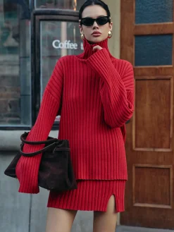 Plain Ribbed Split Sweater Skirt Set