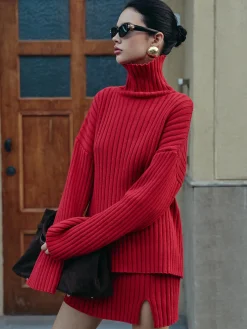 Plain Ribbed Split Sweater Skirt Set