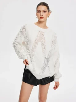 Plain Ripped Tassel Sweater
