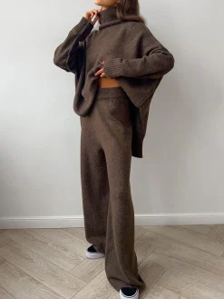 Plain Turtleneck Knit Pants Set