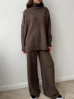 Plain Turtleneck Knit Pants Set
