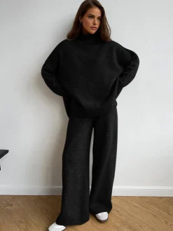 Plain Turtleneck Knit Pants Set