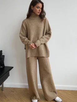 Plain Turtleneck Knit Pants Set