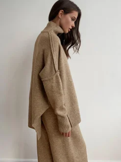 Plain Turtleneck Knit Pants Set