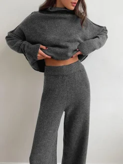 Plain Turtleneck Knit Pants Set