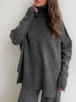 Plain Turtleneck Knit Pants Set