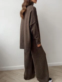 Plain Turtleneck Knit Pants Set
