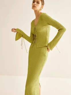 Plain V-Neck Lace Up Skirt Set