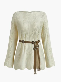 Plain Wave Trim Belted Sweater