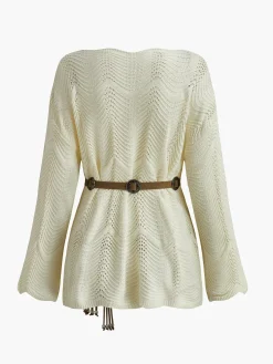Plain Wave Trim Belted Sweater