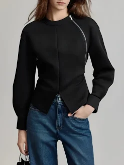 Plain Zipper Split Blouse