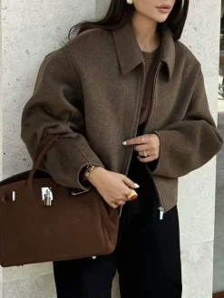 Plain Zipper Tweed Jacket