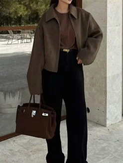 Plain Zipper Tweed Jacket