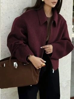 Plain Zipper Tweed Jacket