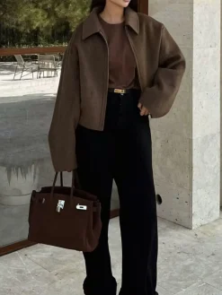 Plain Zipper Tweed Jacket