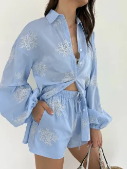 Plant Embroidery Casual Shorts Set