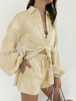 Plant Embroidery Casual Shorts Set