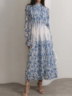 Plant Pattern Printed Pleated Long Dress