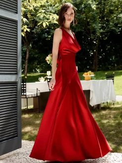 Pleated Backless Satin Tank Long Dress