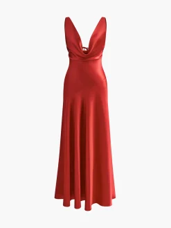 Pleated Backless Satin Tank Long Dress