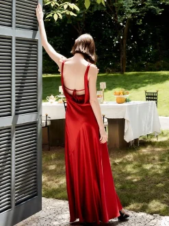 Pleated Backless Satin Tank Long Dress