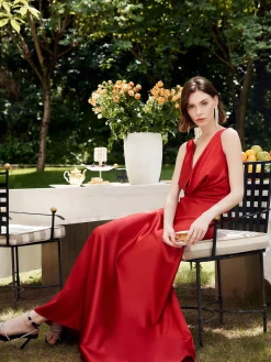 Pleated Backless Satin Tank Long Dress