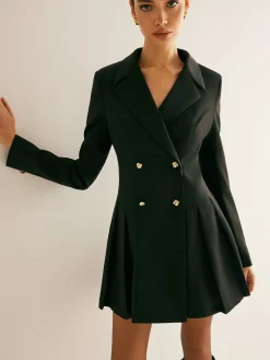 Pleated Blazer Dress With Shoulder Pads
