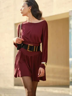 Pleated Cinched Waist Dress Without Belt