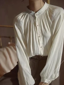 Pleated Collar Pearl Button Shirt