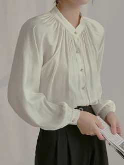 Pleated Collar Pearl Button Shirt