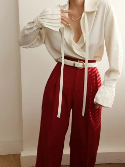 Pleated Cuff Collar Tied Button Shirt