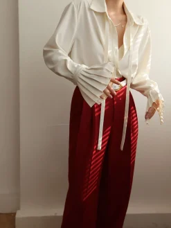 Pleated Cuff Collar Tied Button Shirt