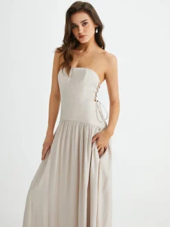 Pleated Drawstring Pockets Long Dress