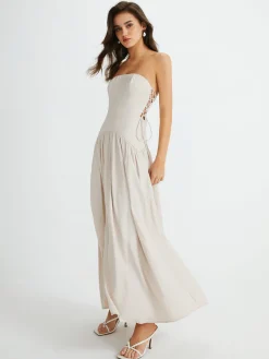Pleated Drawstring Pockets Long Dress
