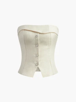 Pleated Front Button Zipper Strapless Skirt Set