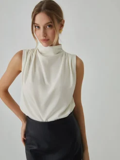 Pleated High Neck Sleeveless Blouse