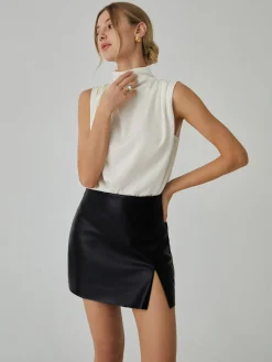 Pleated High Neck Sleeveless Blouse