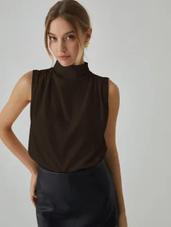 Pleated High Neck Sleeveless Blouse
