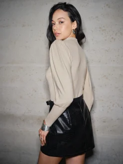 Pleated Lantern Sleeve Slim Sweater
