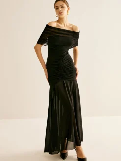 Pleated Mesh Tube Dress With Shawl