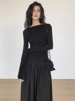 Pleated Patchwork Knit Long Sleeve Midi Dress