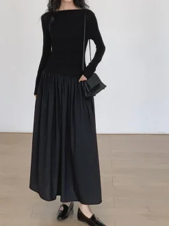 Pleated Patchwork Knit Long Sleeve Midi Dress