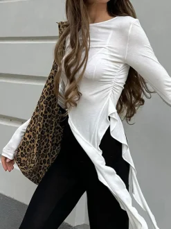 Pleated Ruffle Tassel Jersey Top