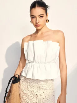 Pleated Ruffle Trim Tube Top
